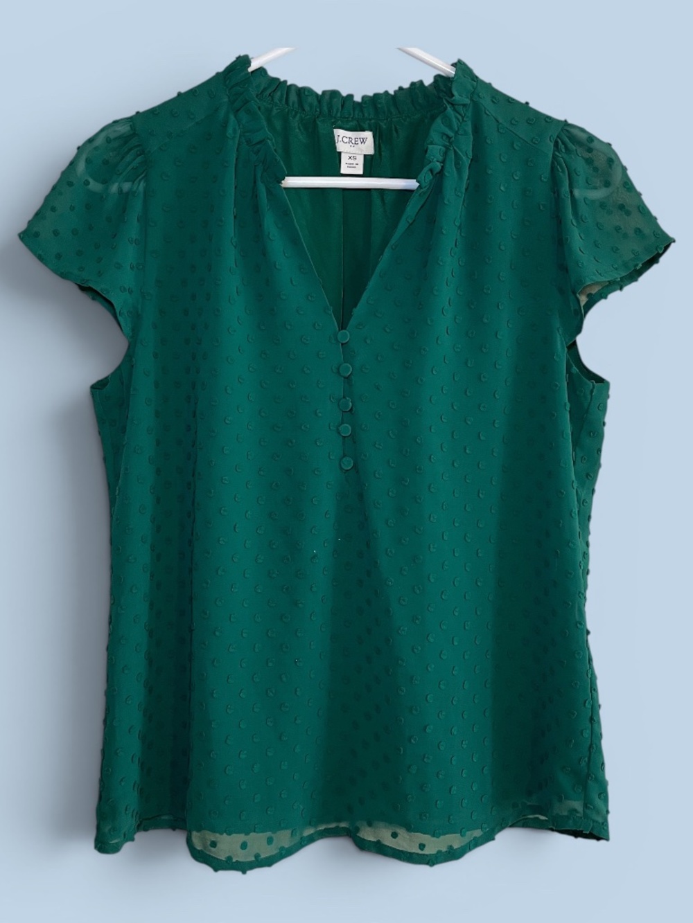J. Crew Factory Forest Green Dotted Swiss Cap Sleeve V-Neck Blouse Size XS